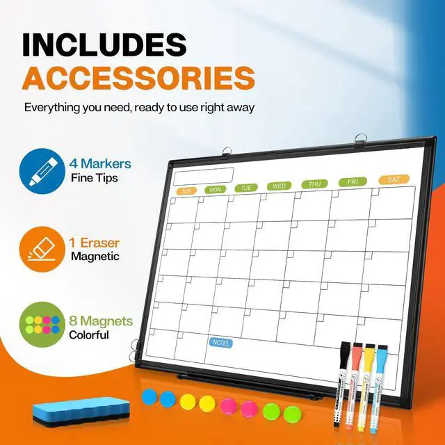 Alt view image 6 of 7 - White Board Calendar 36 x 24 Monthly Whiteboard Dry Erase Calendar | Double-Sided Magnetic Calendar, Wall Planning Board with Marker Kits for Home, School, Office