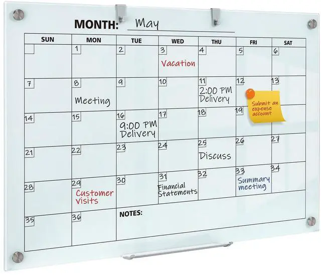 Main image of Glass Dry Erase Calendar for Wall, 36 x 24 Inches Magnetic Glass Calendar Whiteboard, 3' x 2' Frameless Monthly Planner Board for Office, Home, School