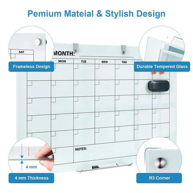 Alt view image 2 of 7 - Glass Dry Erase Calendar for Wall, 36 x 24 Inches Magnetic Glass Calendar Whiteboard, 3' x 2' Frameless Monthly Planner Board for Office, Home, School