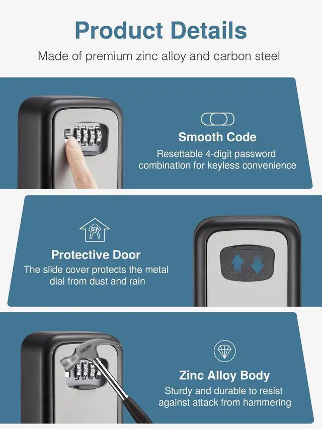 Alt view image 5 of 6 - Security Key Lock Box, 4-Digit Combination Waterproof Safe Storage Lockbox with Code Wall Mount Large Capacity for Outdoor Outside House Dorm Office ID Card (4 Pack, Black & Gray)