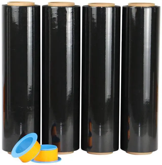 Main image of Black Stretch Wrap Industrial Strength with Plastic Handle 18" x 1000 Feet 80 Gauge 4 Pack, Black Shrink Wrap, Self-Adhering Black Plastic Wrap for Shipping, Moving
