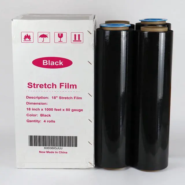 Alt view image 6 of 7 - Black Stretch Wrap Industrial Strength with Plastic Handle 18" x 1000 Feet 80 Gauge 4 Pack, Black Shrink Wrap, Self-Adhering Black Plastic Wrap for Shipping, Moving