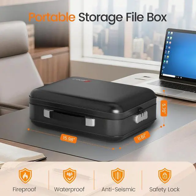 Alt view image 2 of 7 - Fireproof Document Box with Lock, 5200°F Fireproof Water Resistant Hard Case File Organizer Safe Box for Important Documents, Certificates, Laptop, Passports (Black)