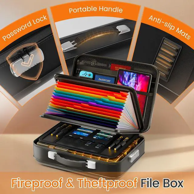 Alt view image 4 of 7 - Fireproof Document Box with Lock, 5200°F Fireproof Water Resistant Hard Case File Organizer Safe Box for Important Documents, Certificates, Laptop, Passports (Black)