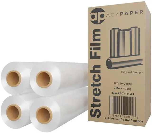 Main image of 18" Stretch Film/Wrap 1200 feet 80 Gauge Industrial Strength, up to 800% Stretch 20 Microns Clear Cling Durable Adhering Packing Moving Packaging Heavy Duty Shrink Film (4 Rolls/Box)