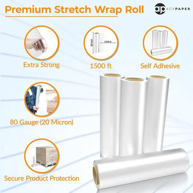 Alt view image 4 of 6 - 18" Stretch Film/Wrap 1200 feet 80 Gauge Industrial Strength, up to 800% Stretch 20 Microns Clear Cling Durable Adhering Packing Moving Packaging Heavy Duty Shrink Film (4 Rolls/Box)