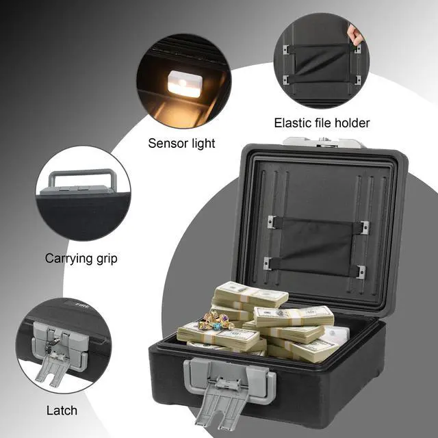 Alt view image 6 of 7 - Fireproof and Waterproof Safe, fire safe document box with Sensor light, Portable Lock Box with Key Lock and Ergonomic Handle, 1 Hour at 1700°F, 72 Hours Waterproof