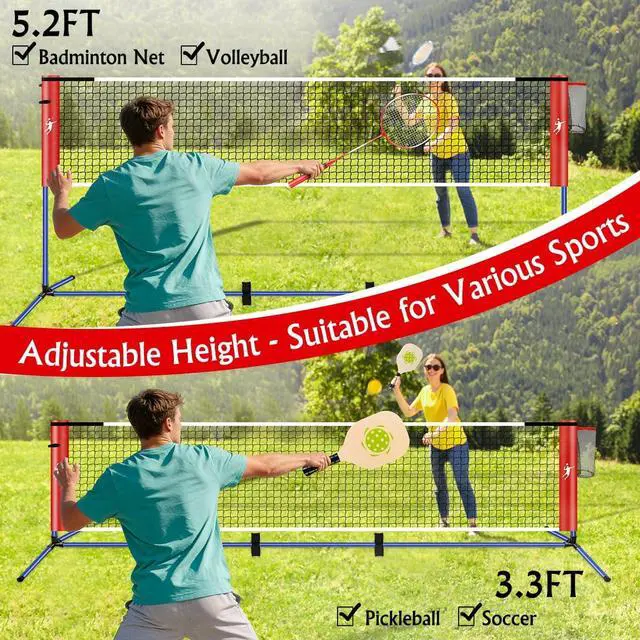 Alt view image 3 of 7 - Pickleball Badminton Net Set for Backyards, All-in-One Portable Volleyball Combo Set with Adjustable Net, Volleyball Pickleball Paddles & Badminton Rackets for Indoor Outdoor