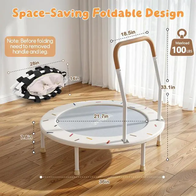 Alt view image 2 of 7 - 36-Inch Toddler Trampoline with Foam Handle, 3FT Foldable Mini Rebounder | Indoor Outdoor for Kids Ages 3-6, Safe Elastic Band Design, Non-Slip Oxford Mat, Easy Assembly & Max Load 100 lbs