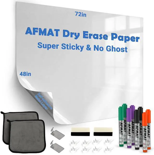 Main image of White Board Dry Erase Paper, 72" x 48" Large Whiteboard Wallpaper, with 8 Markers, Stain-Proof & Super Sticky, No Ghost, 6' x 4' Peel and Stick Dry Erase Board Paper Roll for Wall/Home/Office