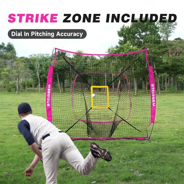 Alt view image 3 of 7 - 7x7 Baseball Softball Net with Tee, Strike Zone & Bow Frame | 7x7 Baseball Pitching Hitting Net with Strike Zone, Portable Net with Batting Tee Bow Frame, Backyard Training