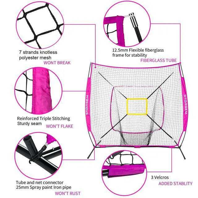 Alt view image 4 of 7 - 7x7 Baseball Softball Net with Tee, Strike Zone & Bow Frame | 7x7 Baseball Pitching Hitting Net with Strike Zone, Portable Net with Batting Tee Bow Frame, Backyard Training