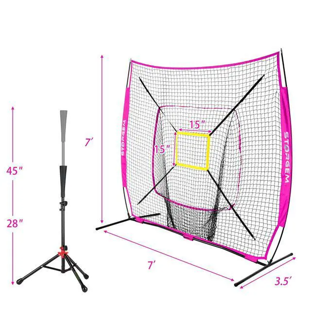 Alt view image 7 of 7 - 7x7 Baseball Softball Net with Tee, Strike Zone & Bow Frame | 7x7 Baseball Pitching Hitting Net with Strike Zone, Portable Net with Batting Tee Bow Frame, Backyard Training
