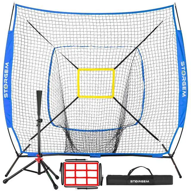 Main image of 7x7 Baseball Softball Net with Tee, Strike Zone & Bow Frame | 7x7 Baseball Pitching Hitting Net with Strike Zone, Portable Net with Batting Tee Bow Frame, Backyard Training