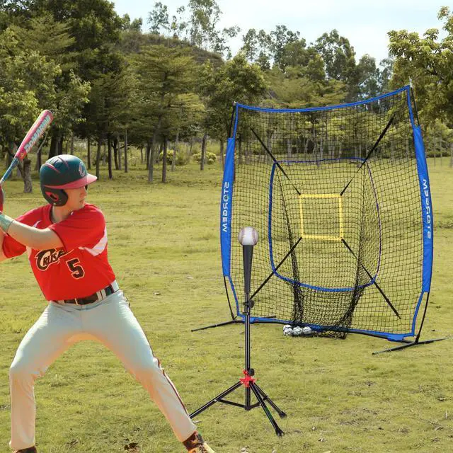 Alt view image 2 of 7 - 7x7 Baseball Softball Net with Tee, Strike Zone & Bow Frame | 7x7 Baseball Pitching Hitting Net with Strike Zone, Portable Net with Batting Tee Bow Frame, Backyard Training