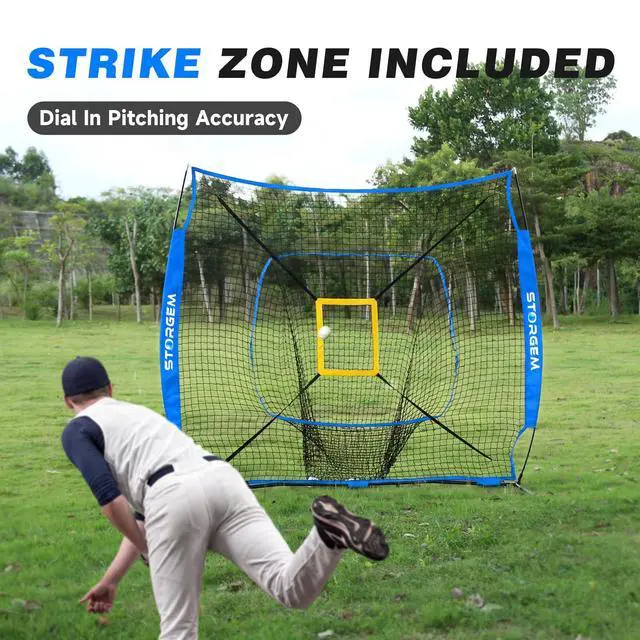 Alt view image 3 of 7 - 7x7 Baseball Softball Net with Tee, Strike Zone & Bow Frame | 7x7 Baseball Pitching Hitting Net with Strike Zone, Portable Net with Batting Tee Bow Frame, Backyard Training
