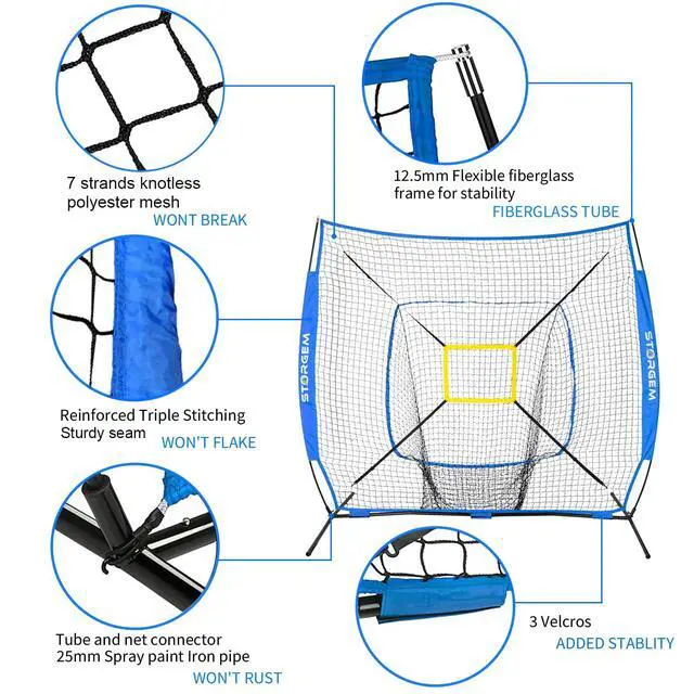 Alt view image 4 of 7 - 7x7 Baseball Softball Net with Tee, Strike Zone & Bow Frame | 7x7 Baseball Pitching Hitting Net with Strike Zone, Portable Net with Batting Tee Bow Frame, Backyard Training