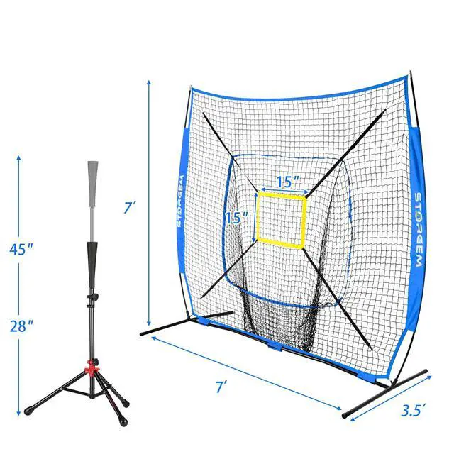 Alt view image 7 of 7 - 7x7 Baseball Softball Net with Tee, Strike Zone & Bow Frame | 7x7 Baseball Pitching Hitting Net with Strike Zone, Portable Net with Batting Tee Bow Frame, Backyard Training