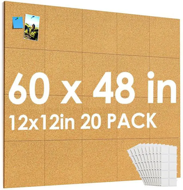 Main image of 60" x 48" Large Cork Board for Wall, 20 Pack 12" x 12" Tiles | Self-Healing Natural Cork; Includes 40 Pushpins & Removable Adhesive Tabs; Flexible Board for Office, School & Home