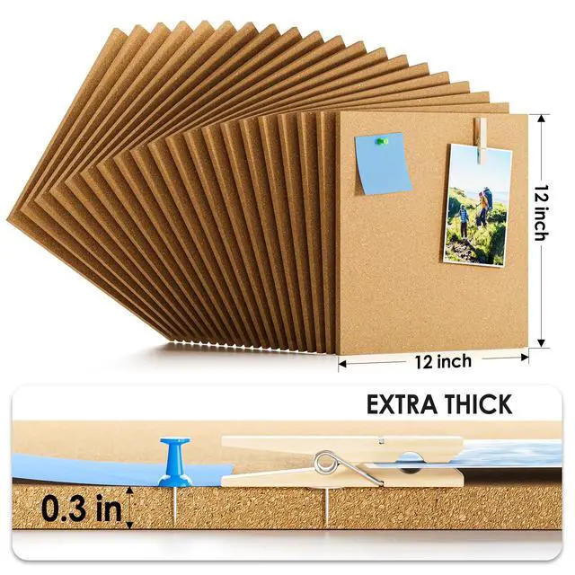 Alt view image 3 of 7 - 60" x 48" Large Cork Board for Wall, 20 Pack 12" x 12" Tiles | Self-Healing Natural Cork; Includes 40 Pushpins & Removable Adhesive Tabs; Flexible Board for Office, School & Home