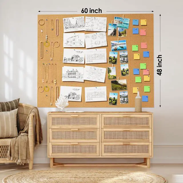 Alt view image 4 of 7 - 60" x 48" Large Cork Board for Wall, 20 Pack 12" x 12" Tiles | Self-Healing Natural Cork; Includes 40 Pushpins & Removable Adhesive Tabs; Flexible Board for Office, School & Home
