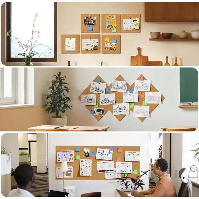 Alt view image 5 of 7 - 60" x 48" Large Cork Board for Wall, 20 Pack 12" x 12" Tiles | Self-Healing Natural Cork; Includes 40 Pushpins & Removable Adhesive Tabs; Flexible Board for Office, School & Home