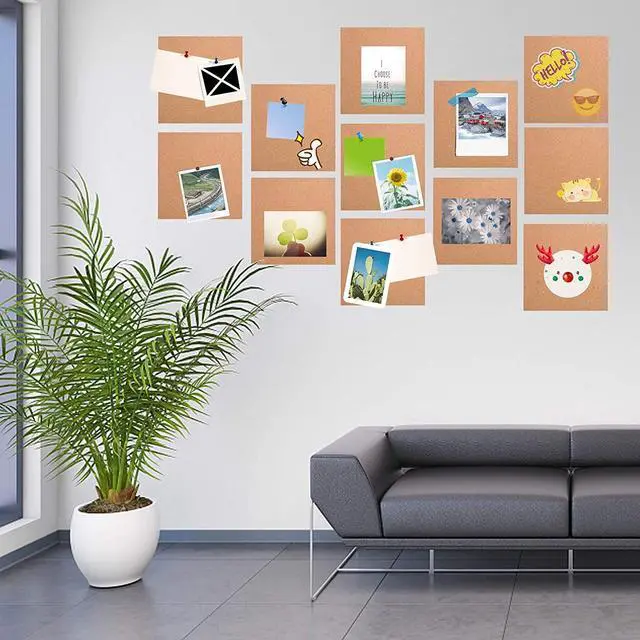 Alt view image 3 of 7 - Cork Board Tiles 12"x12" - 1/2 Inch Thick, 12 Pack | Self-Adhesive Square Bulletin Boards with 100 Push Pins for Photo Walls, Office Notes and Dorm Decor