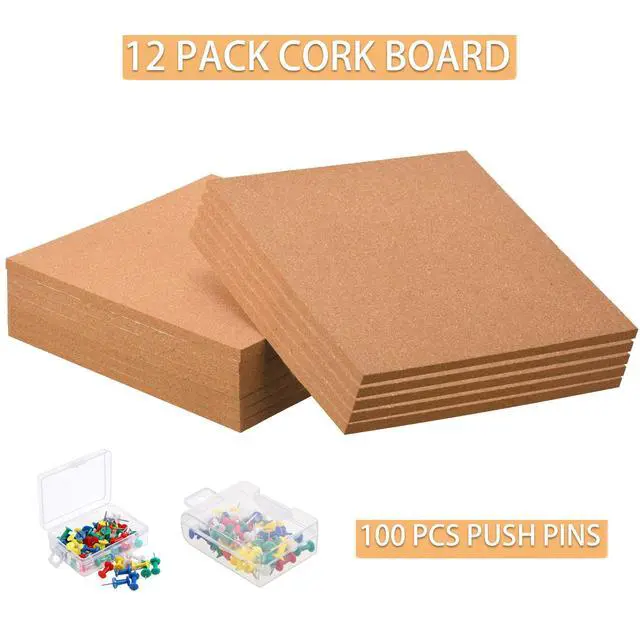 Alt view image 6 of 7 - Cork Board Tiles 12"x12" - 1/2 Inch Thick, 12 Pack | Self-Adhesive Square Bulletin Boards with 100 Push Pins for Photo Walls, Office Notes and Dorm Decor