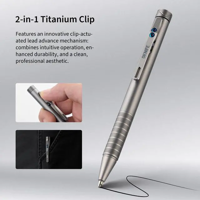 Alt view image 2 of 7 - B1 Ti Titanium Pen with 2-in-1 Clip, 2 pcs Refills | Bolt Action EDC Pen with Built-in Spinning Top for Smooth Writing and Everyday Carry (Titanium)