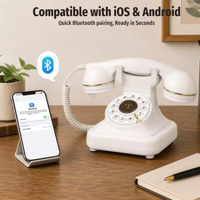 Alt view image 2 of 7 - Bluetooth Retro Desk Phone with Handset & Speakerphone, Classic Bluetooth Landline Telephone, Bluetooth Home Phone with USB Rechargeable Power, Hands-Free Calling & Music Playback, White