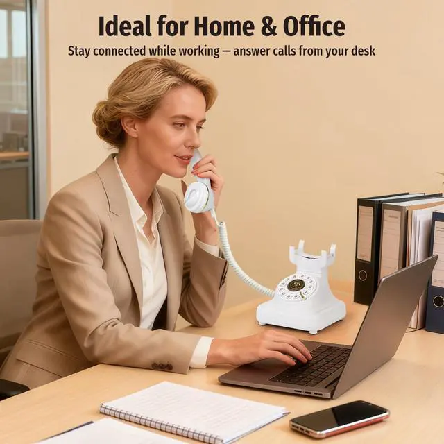 Alt view image 6 of 7 - Bluetooth Retro Desk Phone with Handset & Speakerphone, Classic Bluetooth Landline Telephone, Bluetooth Home Phone with USB Rechargeable Power, Hands-Free Calling & Music Playback, White