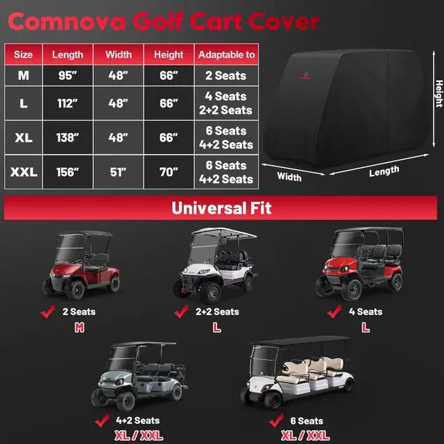 Alt view image 3 of 7 - Comnova Golf Cart Cover 6 Passenger - 600D Waterproof Golf Carts Enclosure with Zipper, Windproof & UV Resistant, Outdoor Golf Cart Cover Universal Fit EZGO, Club Car, Yamaha up to 138"L x 48"W x 66"H