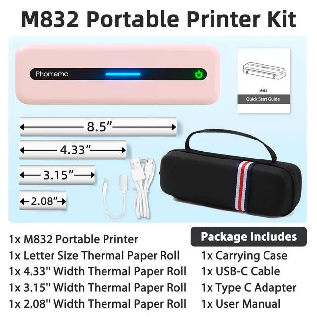 Alt view image 3 of 7 - M832 Portable Printers Wireless for Travel, Bluetooth Inkless Thermal Printer, Support 8.5"x11"/A4/4.33"/3.15"/2.08" Thermal Paper, Compatible with iPhone Laptop for Office School Home Use
