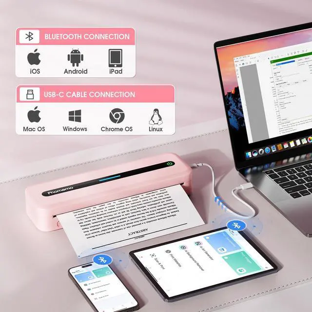 Alt view image 4 of 7 - M832 Portable Printers Wireless for Travel, Bluetooth Inkless Thermal Printer, Support 8.5"x11"/A4/4.33"/3.15"/2.08" Thermal Paper, Compatible with iPhone Laptop for Office School Home Use