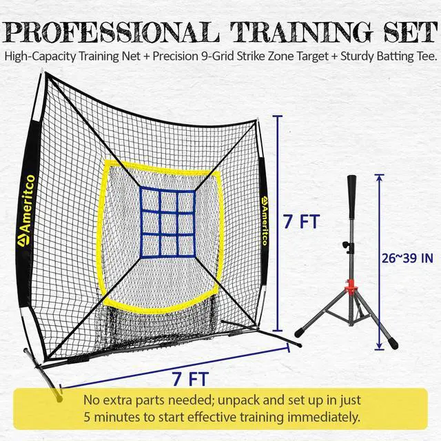 Alt view image 2 of 7 - Baseball Net7x7ft Baseball Practice Net with Tee and Target, Large Pocket Sports net for Hitting/Batting/Pitching/Throwing,Scratch Resistant Base, Versatile Use for All Levels