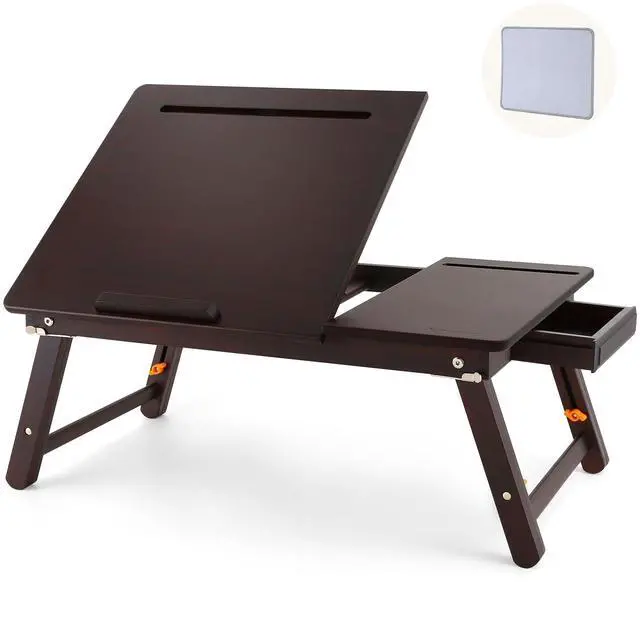 Main image of Laptop Desk, Height & Angle Adjustable Lap Desk Bed Tray Table, Foldable Laptop Table with Drawer, Mouse Pad, Tablet & Phone Slots for Working Reading Writing Eating, Black Walnut