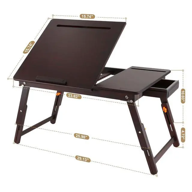 Alt view image 3 of 7 - Laptop Desk, Height & Angle Adjustable Lap Desk Bed Tray Table, Foldable Laptop Table with Drawer, Mouse Pad, Tablet & Phone Slots for Working Reading Writing Eating, Black Walnut