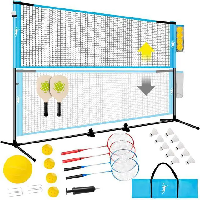 Main image of Pickleball Badminton Net Set for Backyards, All-in-One Portable Volleyball Combo Set with Adjustable Net, Volleyball Pickleball Paddles & Badminton Rackets for Indoor Outdoor