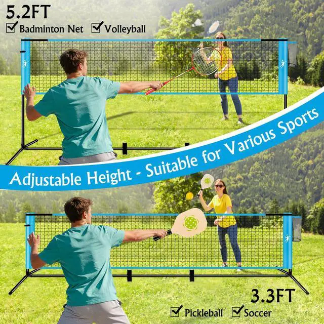 Alt view image 5 of 7 - Pickleball Badminton Net Set for Backyards, All-in-One Portable Volleyball Combo Set with Adjustable Net, Volleyball Pickleball Paddles & Badminton Rackets for Indoor Outdoor