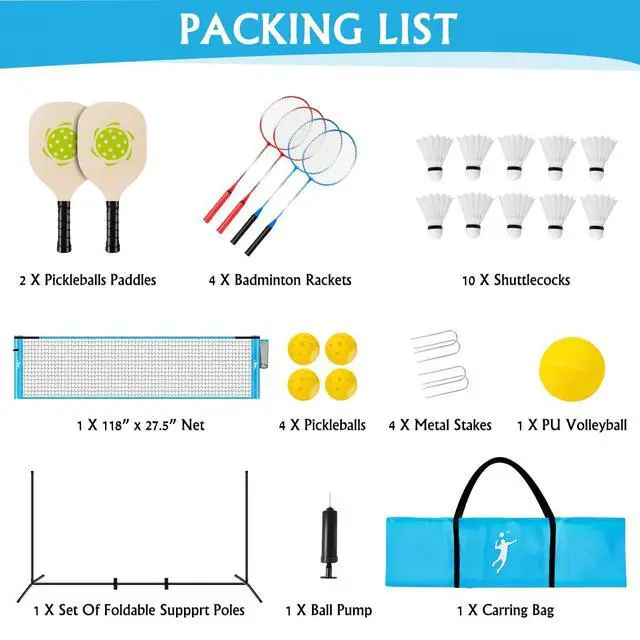 Alt view image 7 of 7 - Pickleball Badminton Net Set for Backyards, All-in-One Portable Volleyball Combo Set with Adjustable Net, Volleyball Pickleball Paddles & Badminton Rackets for Indoor Outdoor