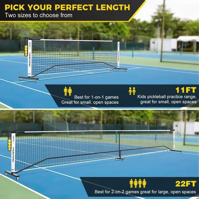 Alt view image 2 of 7 - Pickleball Net with Ball Collector, Wheels, 22FT & 11FT Size | Portable 2-in-1 Pickle ball Net with Carry Bag, Steady Metal Frame for Outdoor Indoor Backyards, Driveway