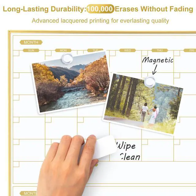 Alt view image 2 of 7 - Magnetic Calendar Whiteboard 36" x 24", 4 Months Dry Erase Calendar for Wall, Gold Frame White Board for Office, Home, School