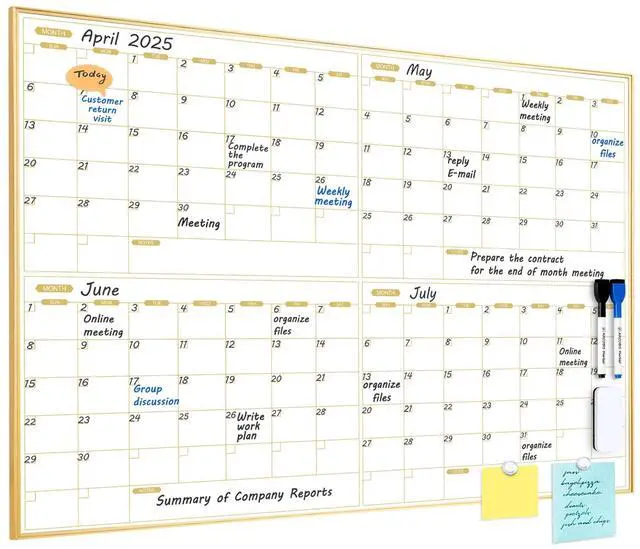 Main image of Magnetic Calendar Whiteboard 36" x 24", 4 Months Dry Erase Calendar for Wall, Gold Frame White Board for Office, Home, School