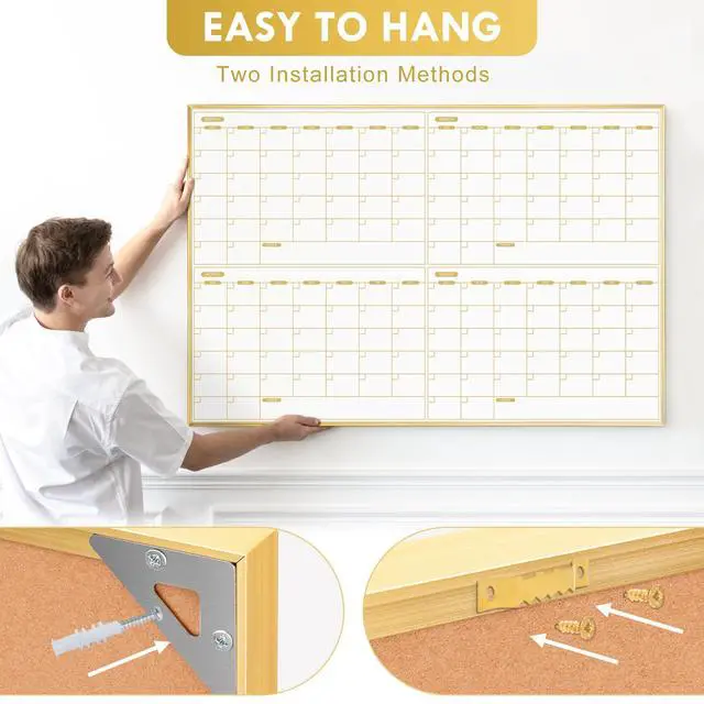 Alt view image 4 of 7 - Magnetic Calendar Whiteboard 36" x 24", 4 Months Dry Erase Calendar for Wall, Gold Frame White Board for Office, Home, School