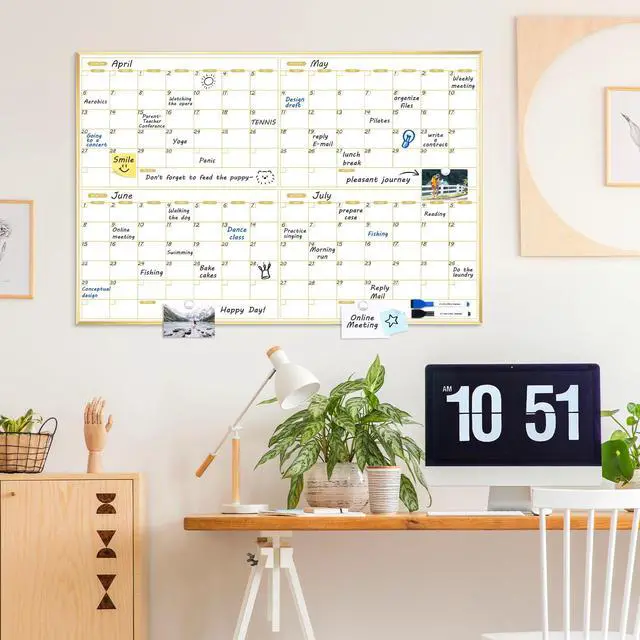 Alt view image 6 of 7 - Magnetic Calendar Whiteboard 36" x 24", 4 Months Dry Erase Calendar for Wall, Gold Frame White Board for Office, Home, School