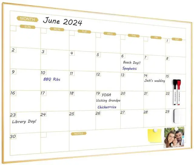 Main image of Monthly Calendar Whiteboard, 36" x 24" Magnetic Dry Erase Calendar with Gold Frame, Wall Planner Board for Home, Office, School