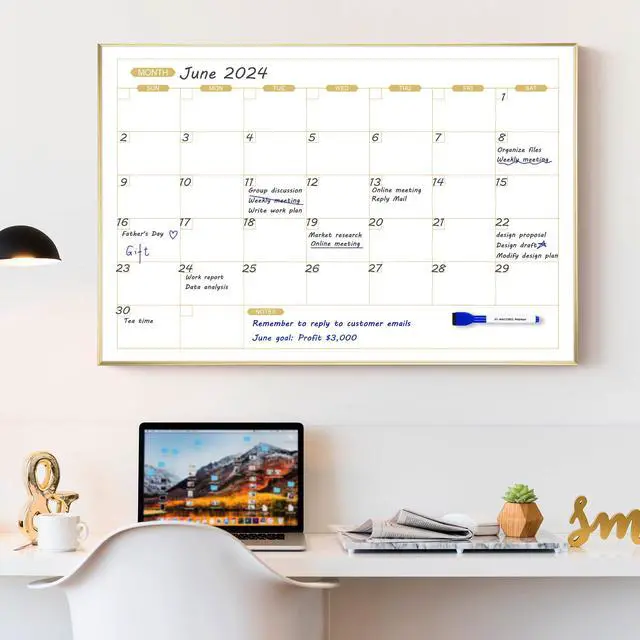 Alt view image 6 of 7 - Monthly Calendar Whiteboard, 36" x 24" Magnetic Dry Erase Calendar with Gold Frame, Wall Planner Board for Home, Office, School