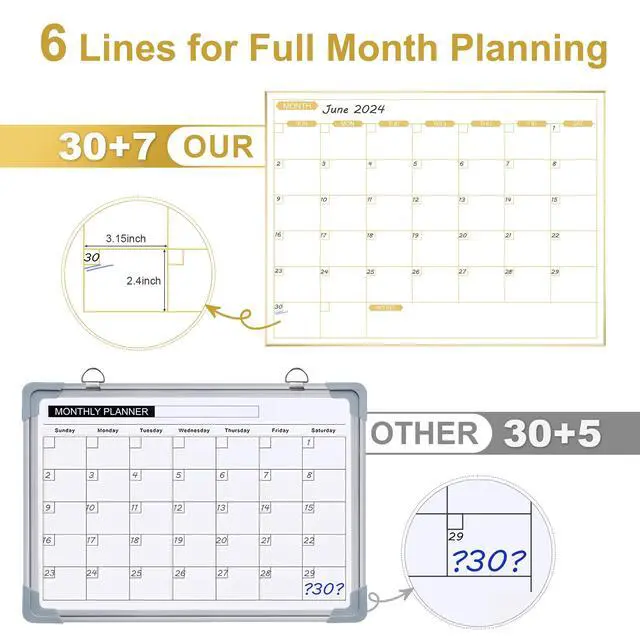 Alt view image 5 of 7 - Monthly Calendar Whiteboard, 36" x 24" Magnetic Dry Erase Calendar with Gold Frame, Wall Planner Board for Home, Office, School