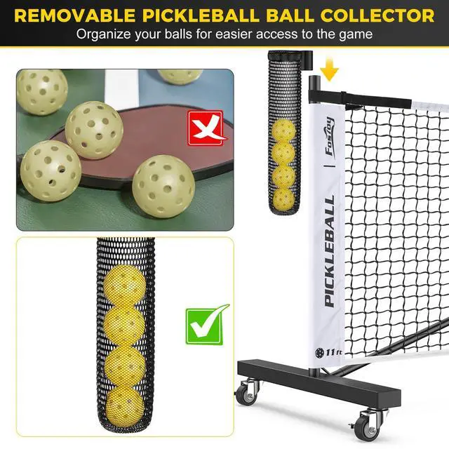 Alt view image 4 of 7 - Pickleball Net with Ball Collector, Wheels, 22FT & 11FT Size | Portable 2-in-1 Pickle ball Net with Carry Bag, Steady Metal Frame for Outdoor Indoor Backyards, Driveway