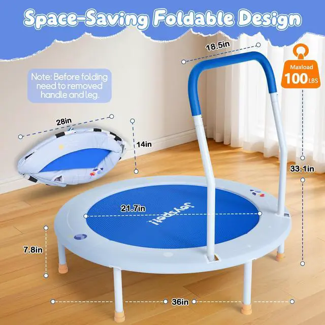 Alt view image 3 of 7 - 36-Inch Toddler Trampoline with Foam Handle, 3FT Foldable Mini Rebounder | Indoor Outdoor for Kids Ages 3-6, Safe Elastic Band Design, Non-Slip Oxford Mat, Easy Assembly & Max Load 100 lbs